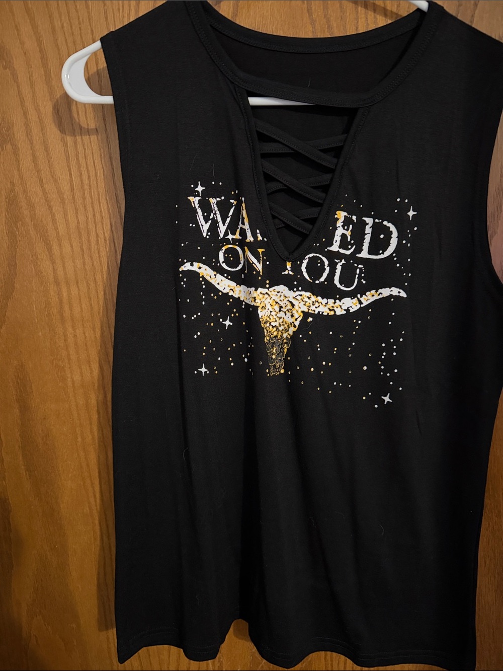Black Sleeveless Graphic Tank with Laced V-Neck